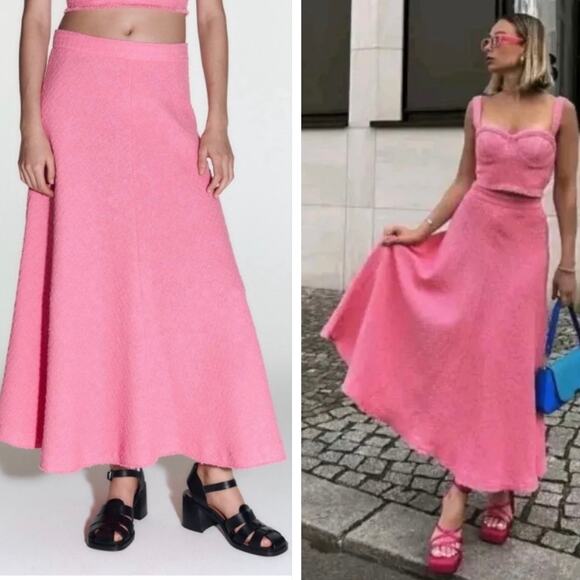 NWT ZARA TWEED PINK A-LINE MAXI SKIRT Women’s Size XXL - Picture 1 of 8